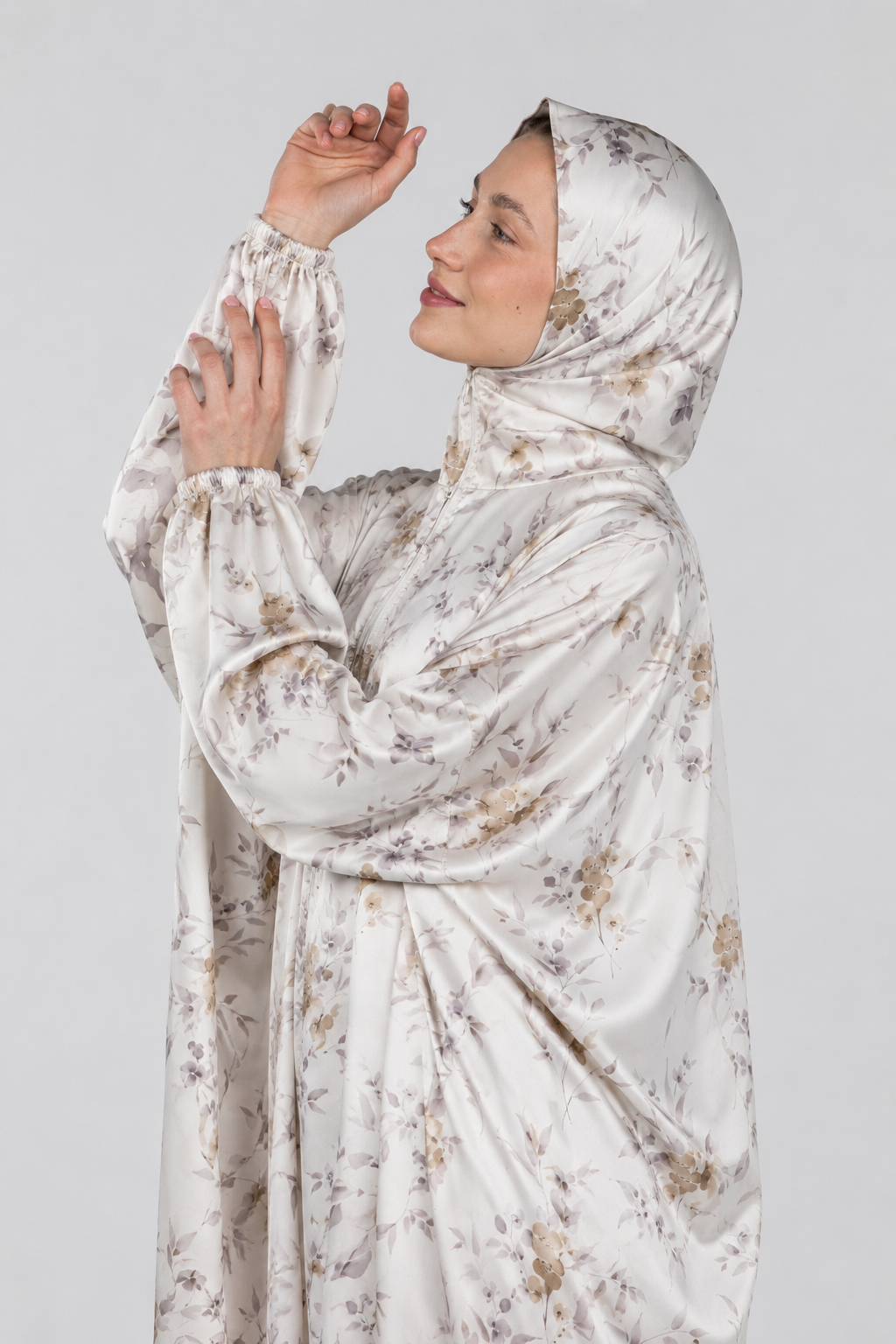 Ethereal Flora Silk Satin Esdal profile view – integrated hijab detail – Femme Egypt