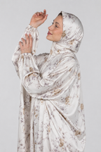 Ethereal Flora Silk Satin Esdal profile view – integrated hijab detail – Femme Egypt